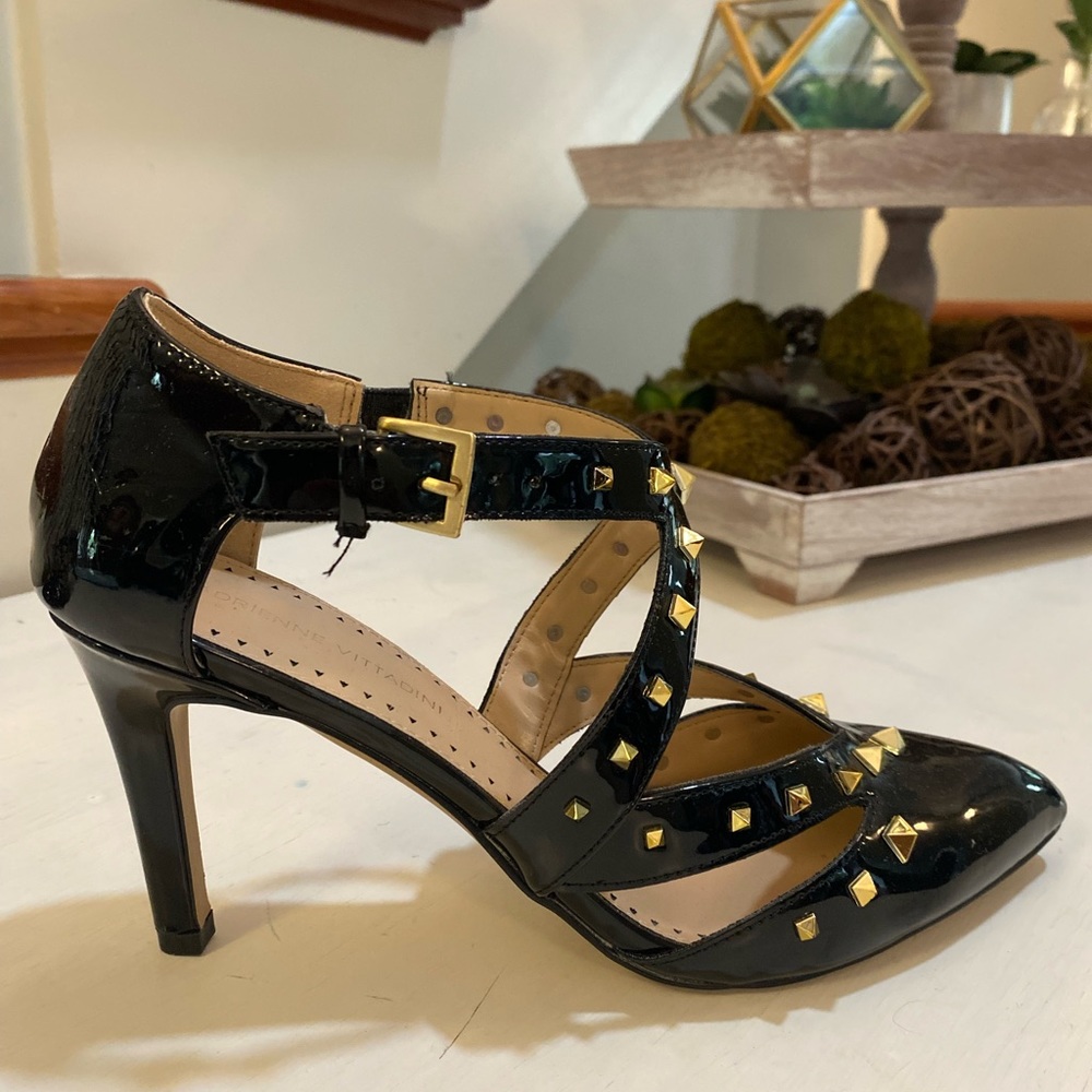 Black patent strappy gold studded heels